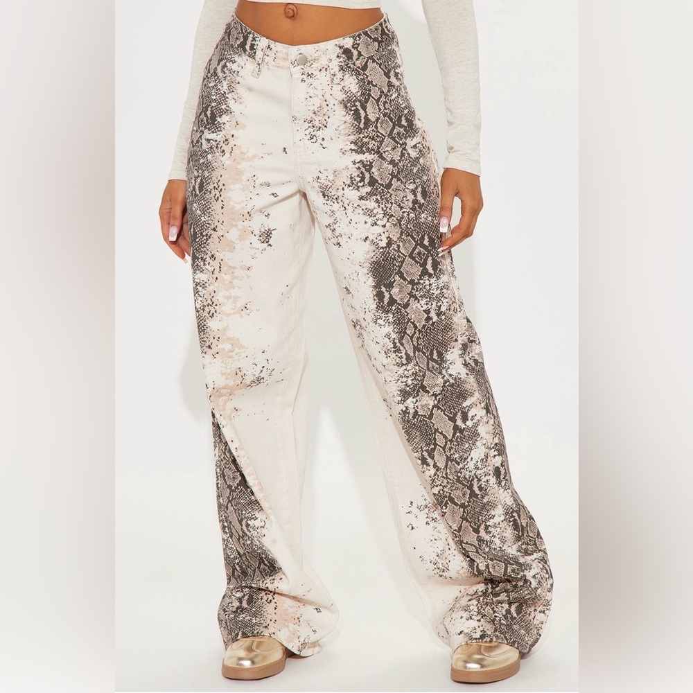 Fashion Nova Neutral Snake-Print Wide Leg Pants
